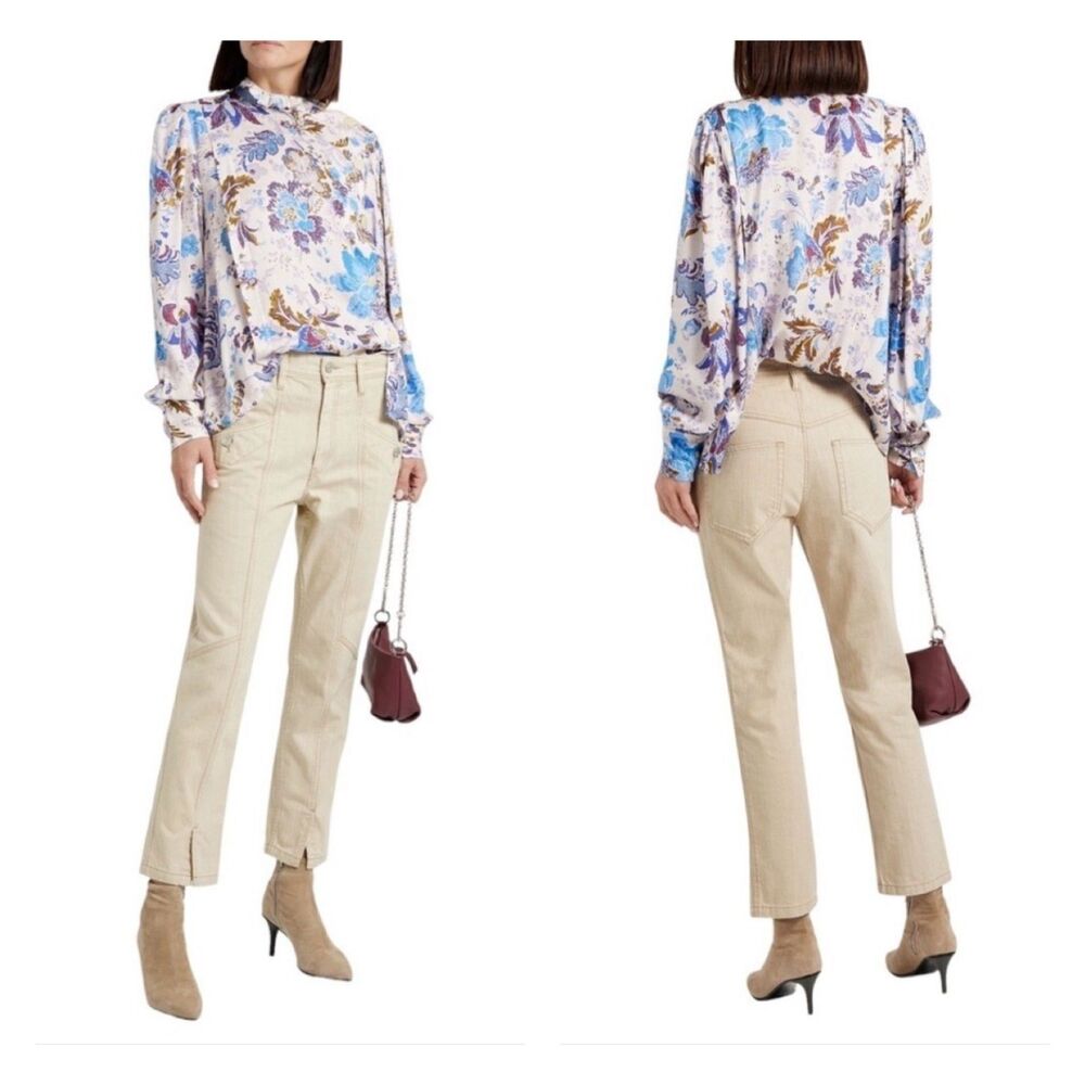 ISABEL MARANT ETOILE Backal Floral Asymmetric Button Blouse, Ecru/Blue Sz 36 (S)